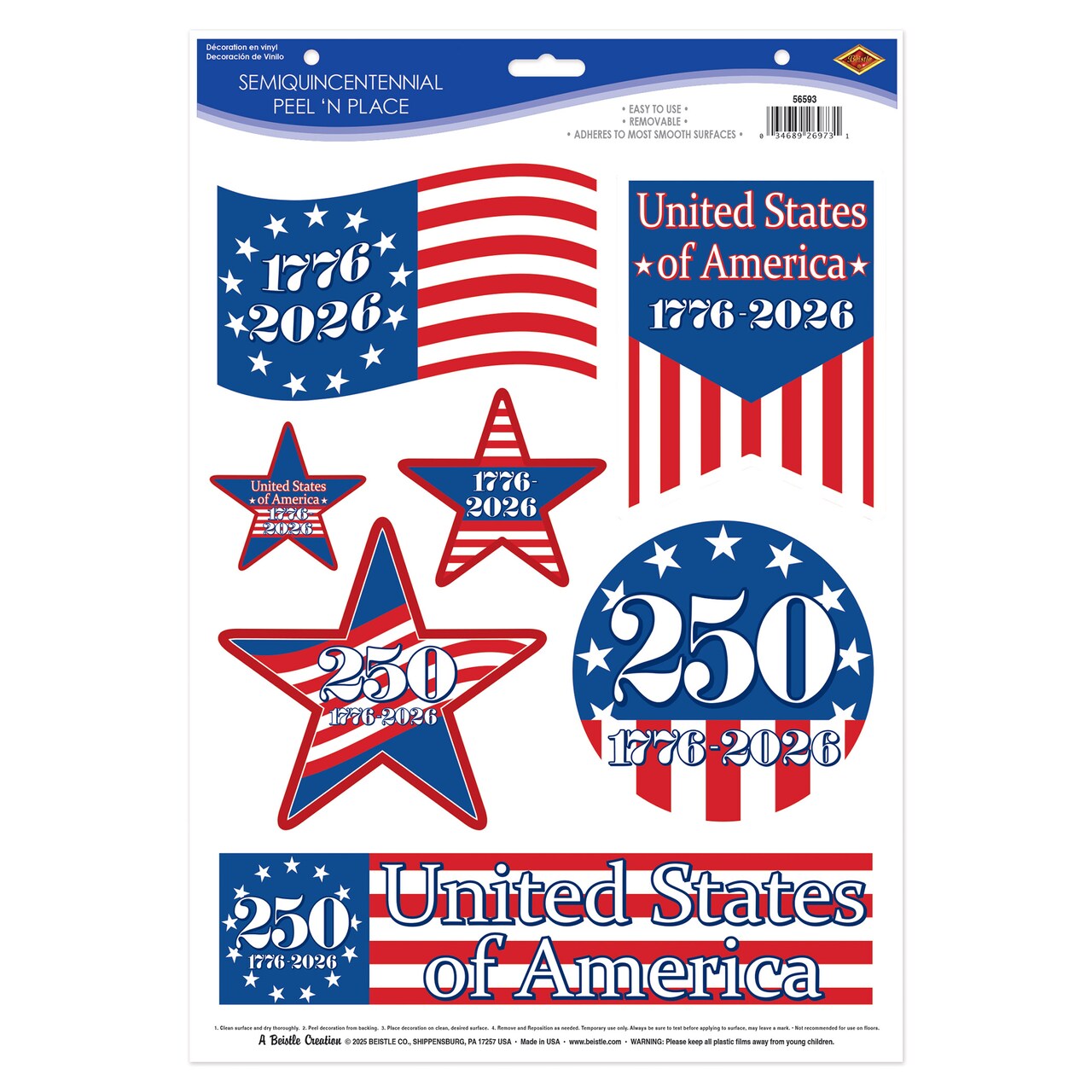 Beistle - 12" x 17" - Multicolor - Peel 'N Place Semiquincentennial Decoration - 12 Pieces